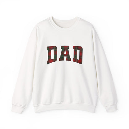 Christmas Plaid Dad Sweatshirt featuring oversized plaid 'DAD' letters on a white crewneck.