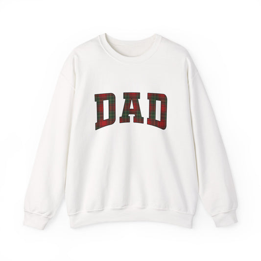 Christmas Plaid Dad Sweatshirt featuring oversized plaid 'DAD' letters on a white crewneck.