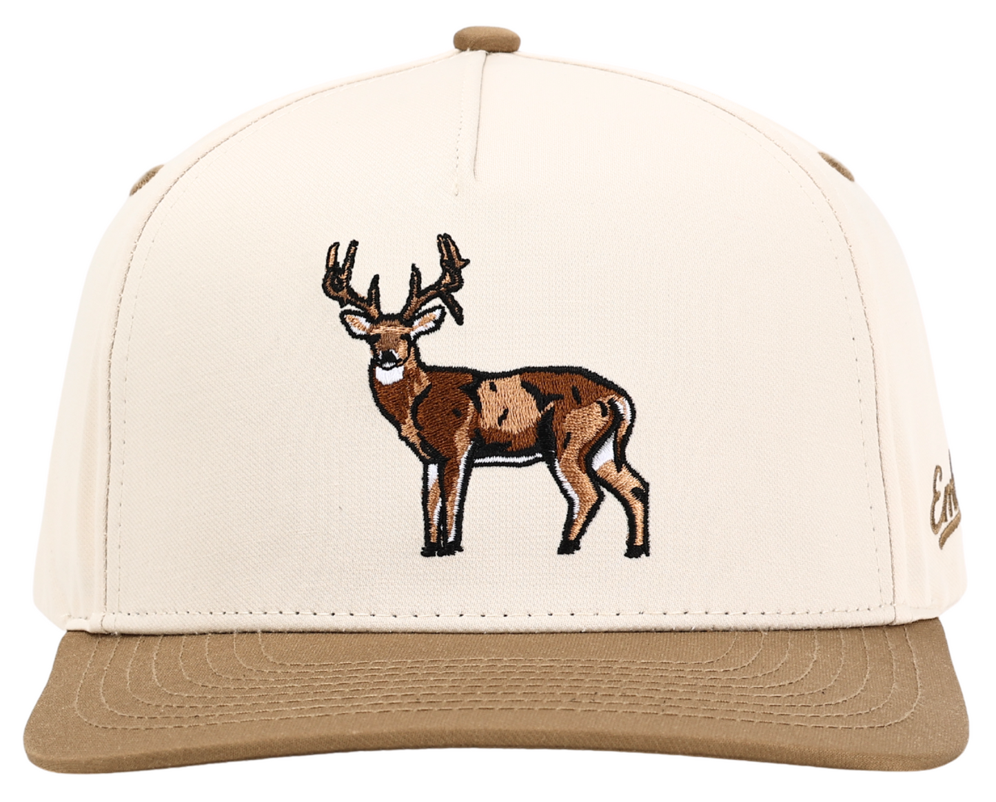 Buck Hunting Hat featuring embroidered whitetail deer, ideal for hunting and outdoor activities. Stylish trucker cap design for comfort.