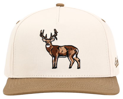 Buck Hunting Hat featuring embroidered whitetail deer, ideal for hunting and outdoor activities. Stylish trucker cap design for comfort.