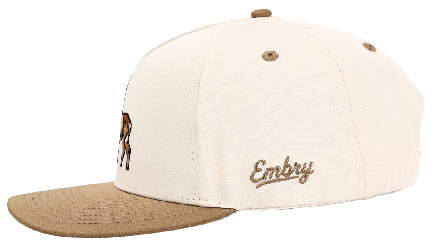 Buck Hunting Hat, whitetail deer trucker cap in beige and brown, designed for hunters and outdoor enthusiasts seeking comfort and style.