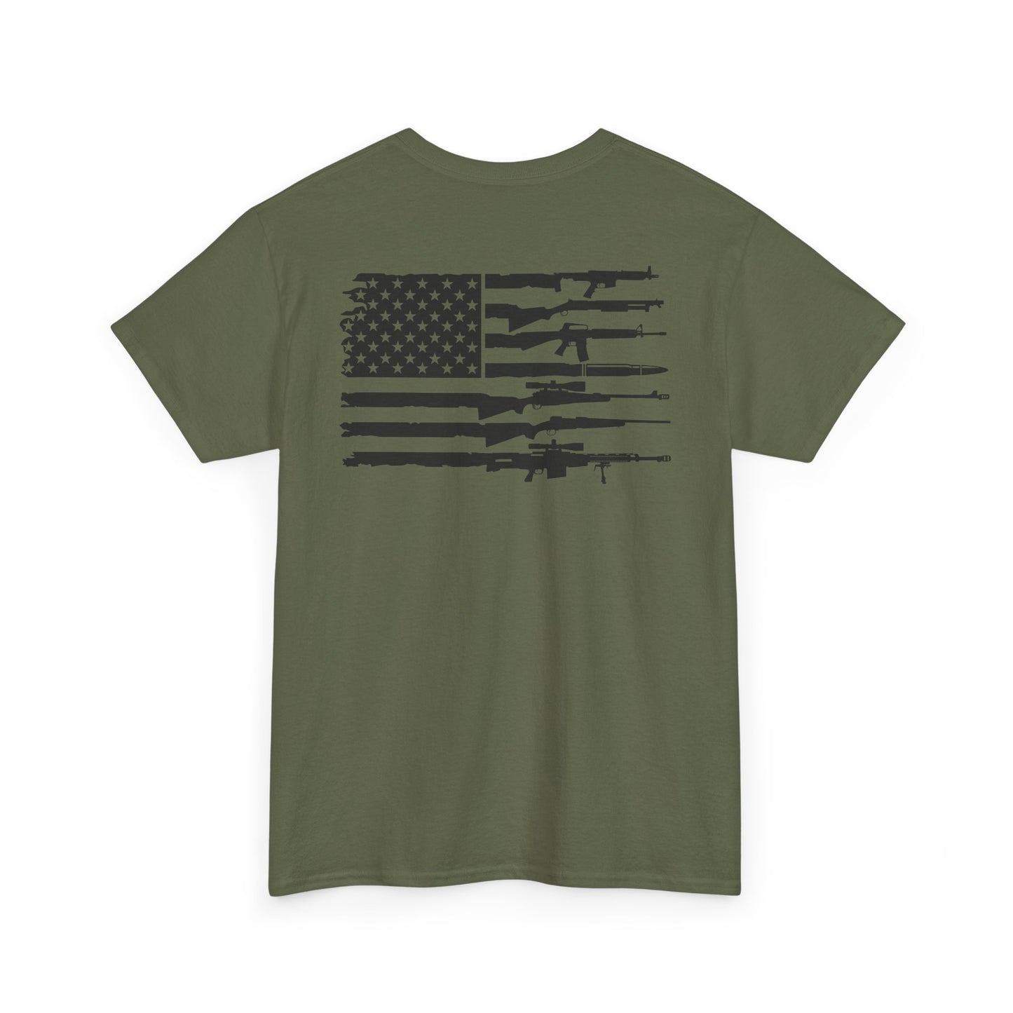 American Flag Gun Shirt showcasing a unique design with USA flag and firearm silhouettes on an olive green T-shirt.