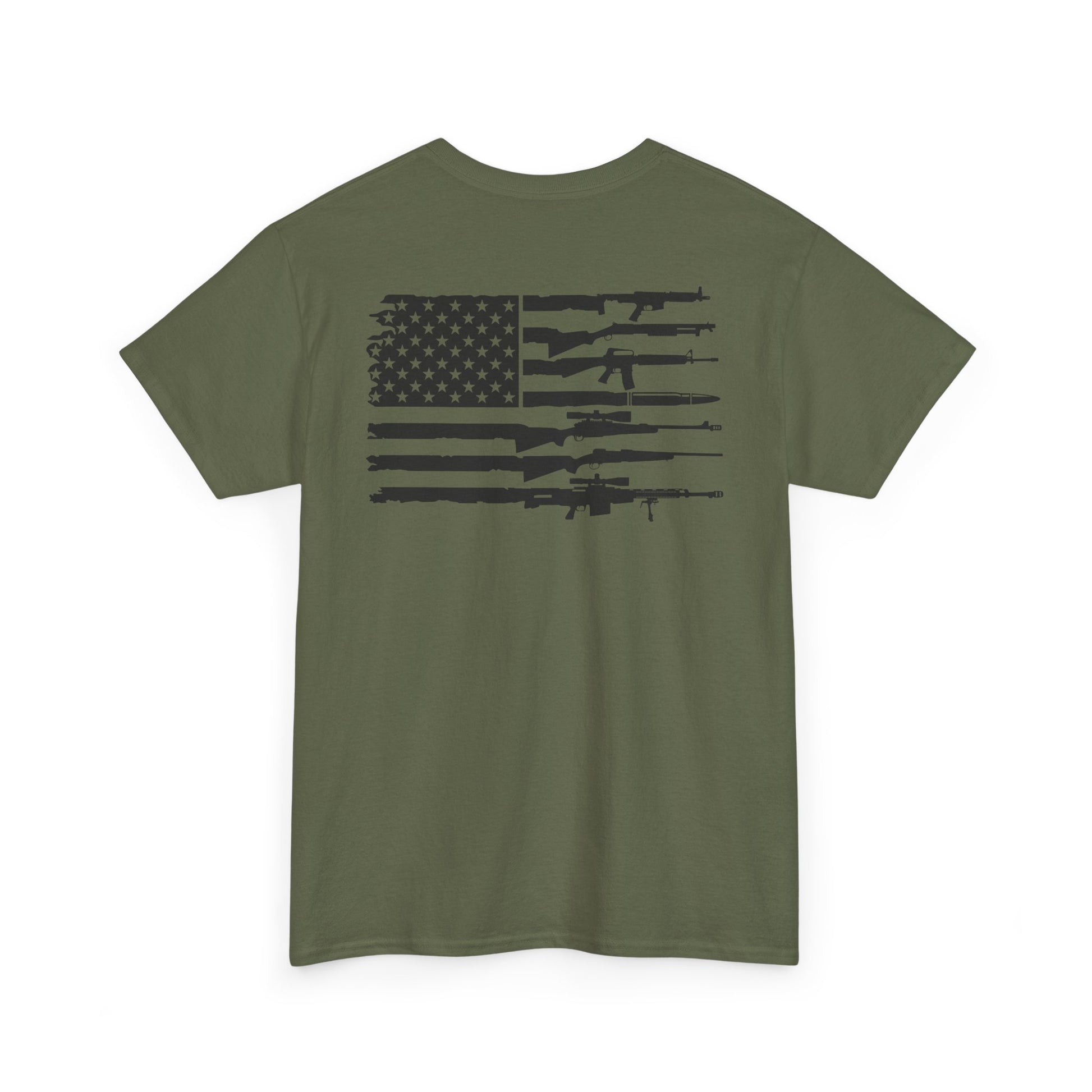 American Flag Gun Shirt showcasing a unique design with USA flag and firearm silhouettes on an olive green T-shirt.