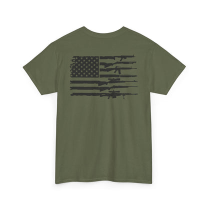 American Flag Gun Shirt showcasing a unique design with USA flag and firearm silhouettes on an olive green T-shirt.