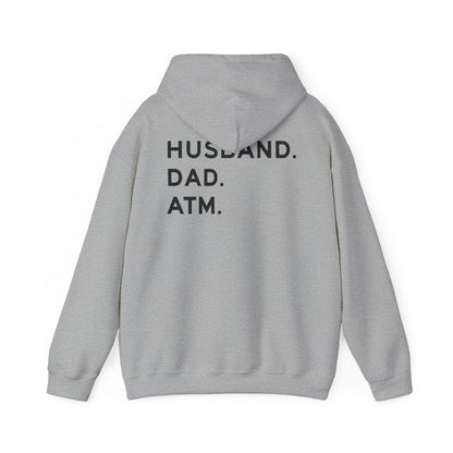 Husband Dad ATM Hoodie back design featuring bold black lettering on a gray hoodie.