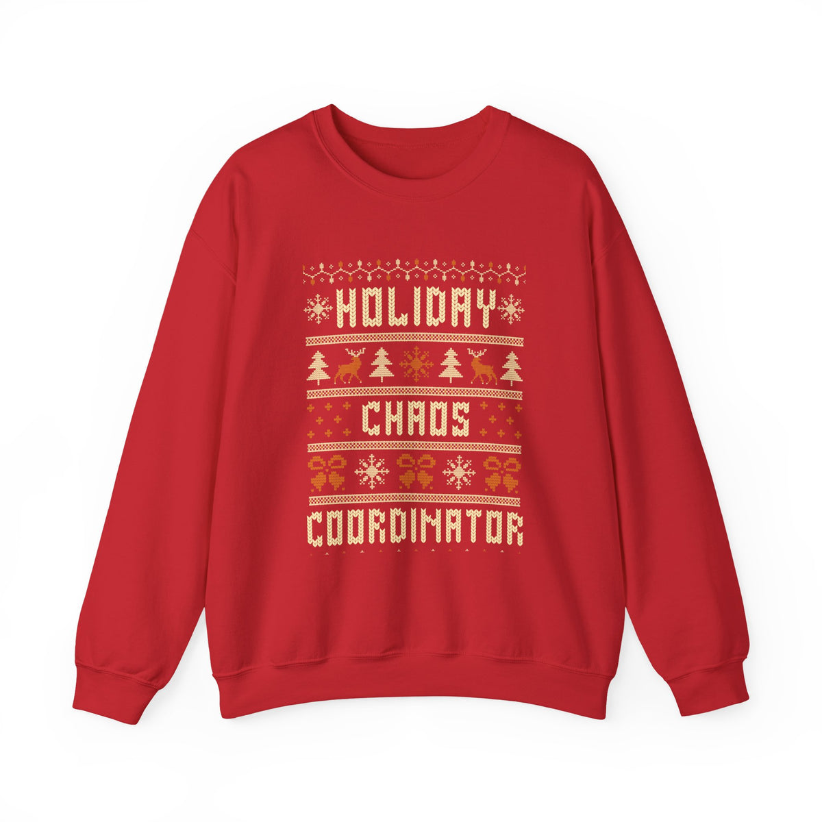 Holiday Chaos Coordinator Sweatshirt in red with festive holiday designs and large lettering.