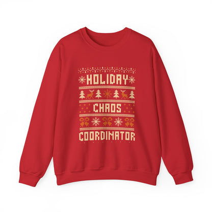 Holiday Chaos Coordinator Sweatshirt in red with festive holiday designs and large lettering.