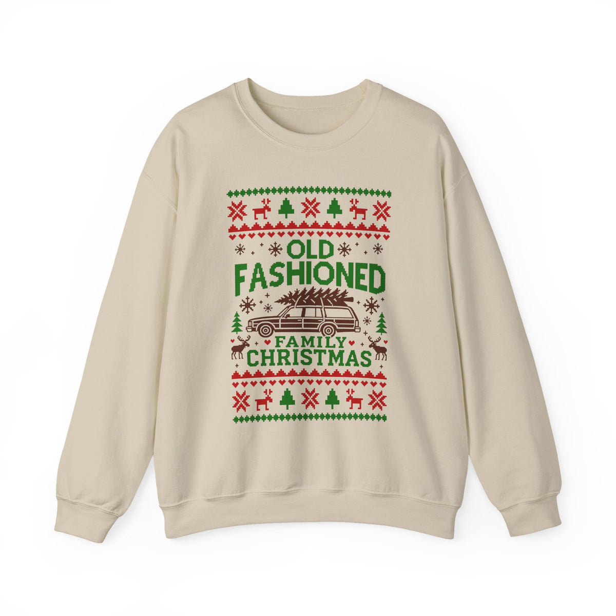 Old Fashioned Family Christmas Sweatshirt featuring a retro design with a station wagon and festive graphics.