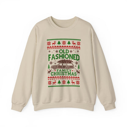 Old Fashioned Family Christmas Sweatshirt featuring a retro design with a station wagon and festive graphics.