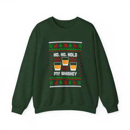Ho Ho Hold My Whiskey Sweatshirt in green with festive design featuring whiskey glasses and Christmas decorations.