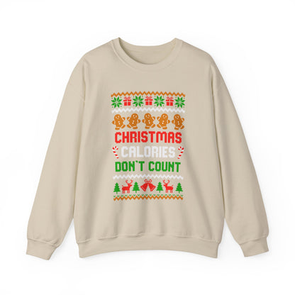 Christmas Calories Don't Count Sweatshirt featuring colorful festive design with gingerbread cookies and holiday motifs.