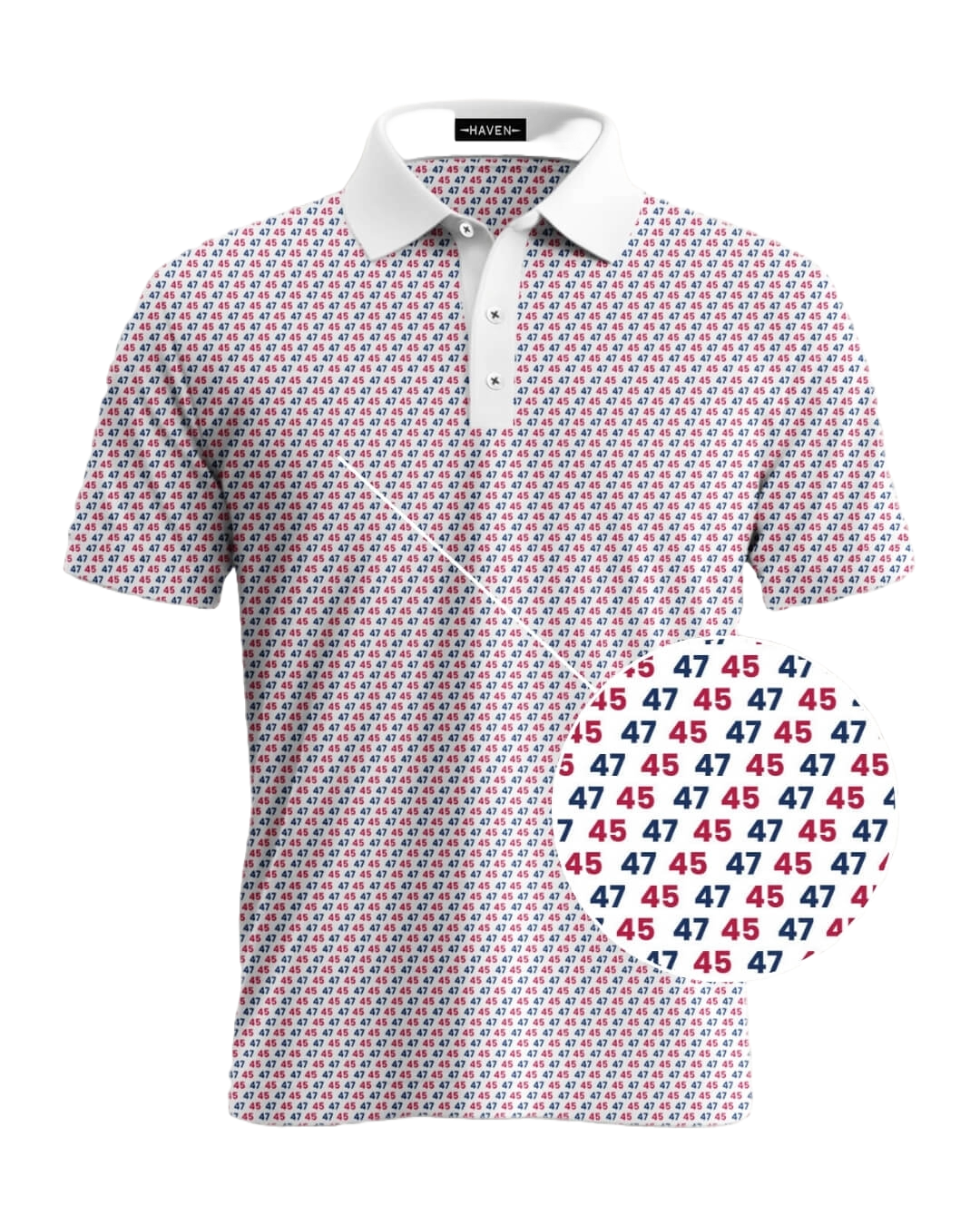 45 47 polo shirt with red and navy patriotic print, Commander in Chief design by Haven Golf.