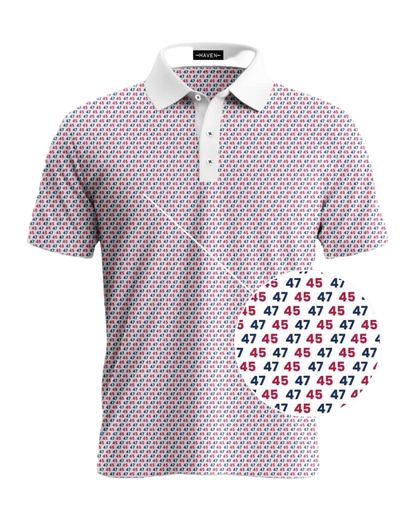 45 47 polo shirt with red and navy patriotic print, Commander in Chief design by Haven Golf.