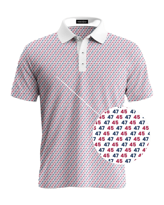 45 47 polo shirt with red and navy patriotic print, Commander in Chief design by Haven Golf.