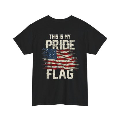 This Is My Pride Flag T-Shirt with American flag design, featuring bold patriotic elements, ideal for expressing freedom and tradition.