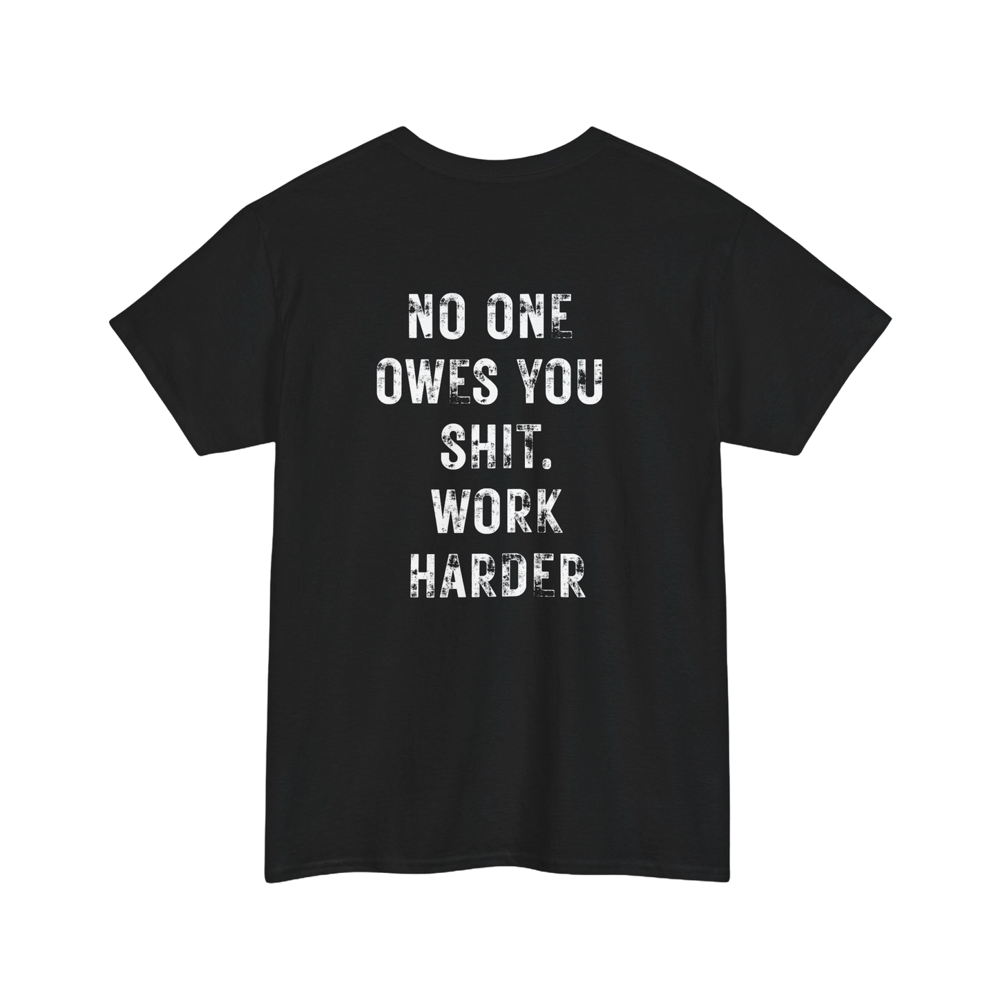 No One Owes You Shit Shirt - motivational tee with 'Work Harder' slogan, promoting accountability and discipline in black color