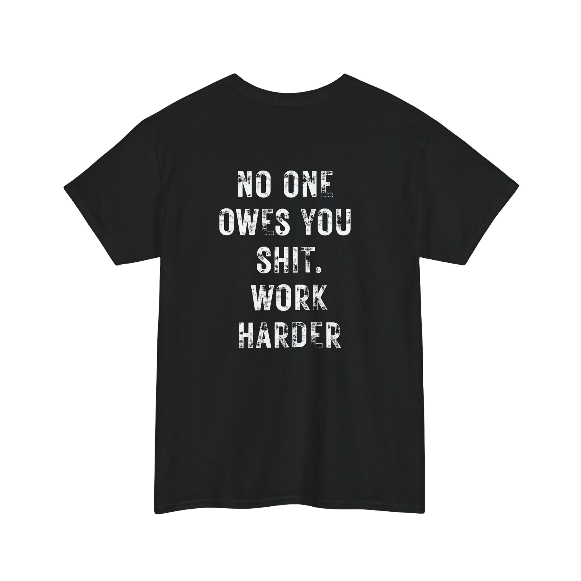No One Owes You Shit Shirt - motivational tee with 'Work Harder' slogan, promoting accountability and discipline in black color