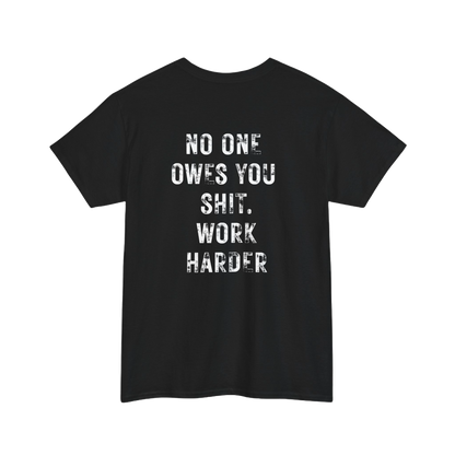 No One Owes You Shit Shirt - motivational tee with 'Work Harder' slogan, promoting accountability and discipline in black color