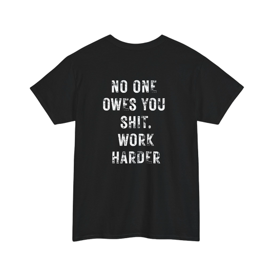 No One Owes You Shit Shirt - motivational tee with 'Work Harder' slogan, promoting accountability and discipline in black color