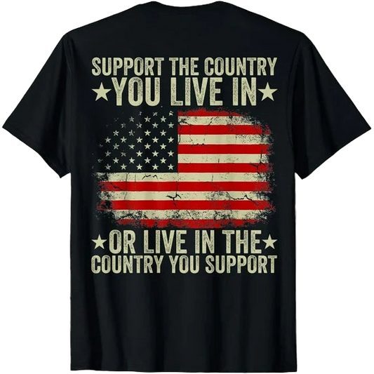Black t-shirt with American flag graphic and text on a white background
