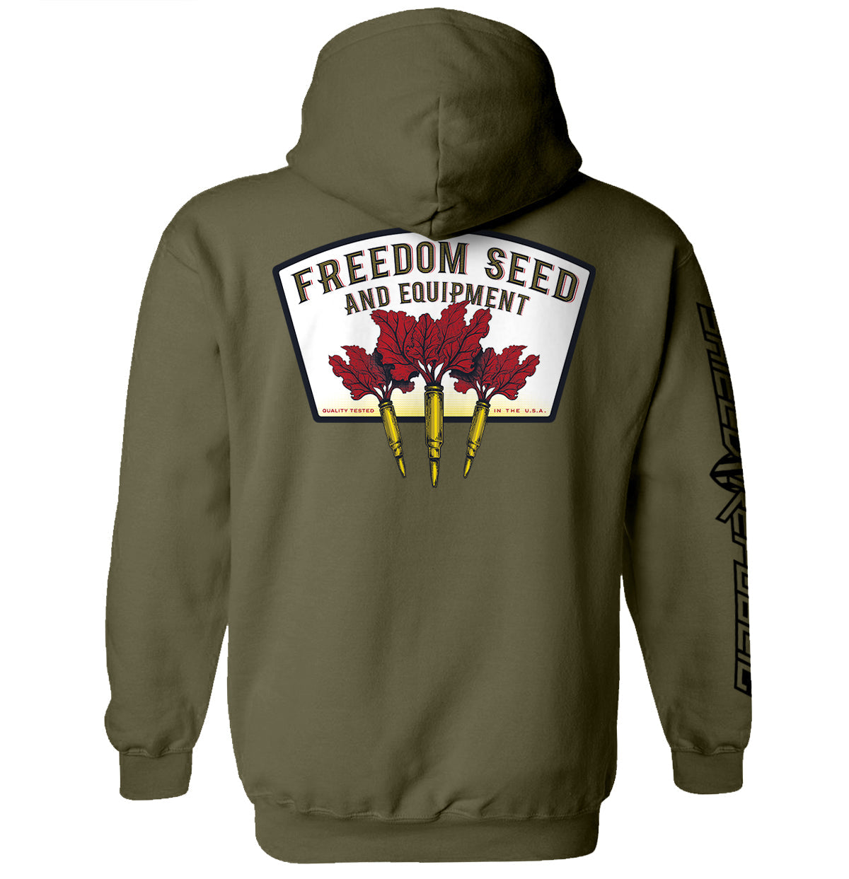 Freedom Seed and Equipment T-Shirt featuring vintage-inspired patriotic graphic on the back of an olive hoodie.