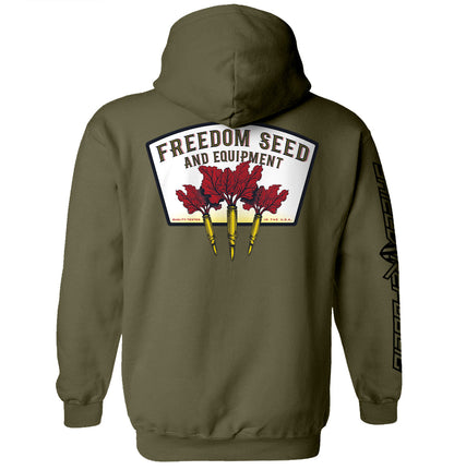 Freedom Seed and Equipment T-Shirt featuring vintage-inspired patriotic graphic on the back of an olive hoodie.
