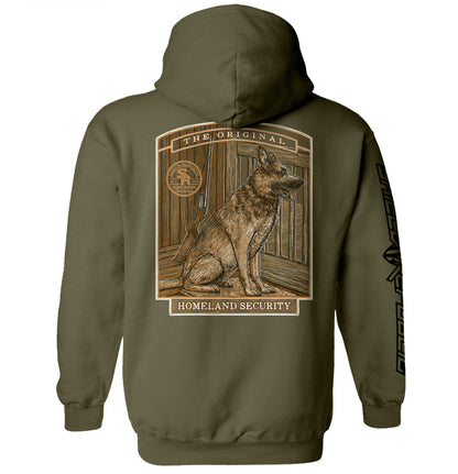 The Original Homeland Security Dog T-Shirt featuring vintage loyal dog illustration on green hoodie for patriotic dog lovers.