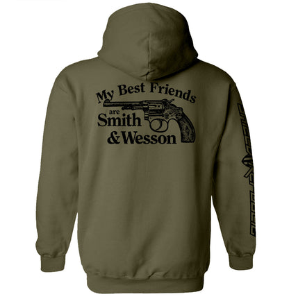 Olive hoodie with 'My Best Friends Are Smith And Wesson' gun graphic, showcasing gun rights humor.