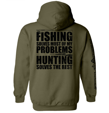 Fishing Solves Most Of My Problems Shirt with distressed lettering and hunting imagery on a green hoodie.