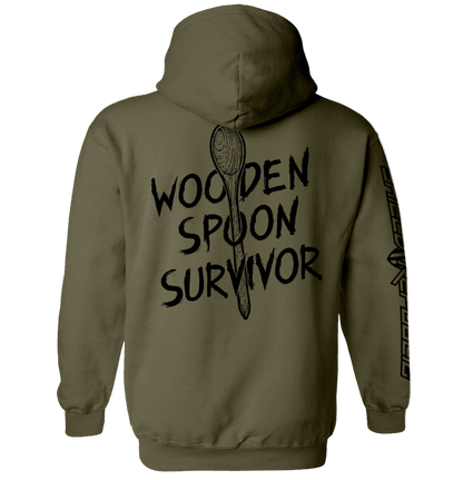 Green hoodie with 'Wooden Spoon Survivor' text and spoon graphic on a white background