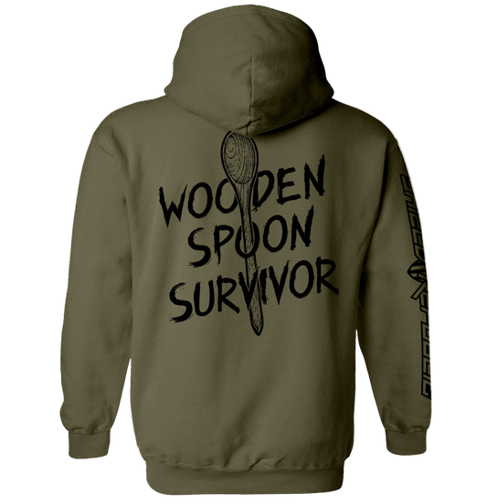 Green hoodie with 'Wooden Spoon Survivor' text and spoon graphic on a white background