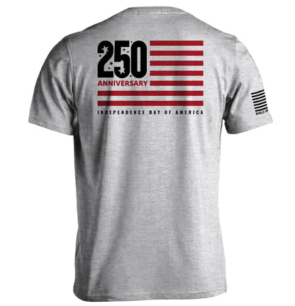 America 250 Years Anniversary Flag Shirt featuring modern American flag and 250 Anniversary text, celebrating Independence Day.