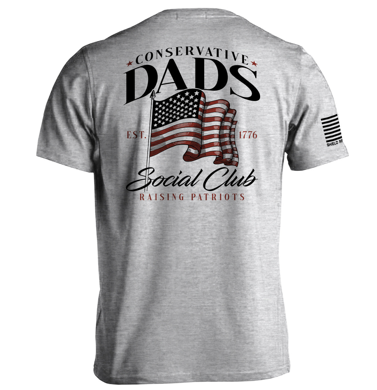 Gray t-shirt with 'Conservative Dads Social Club' text and American flag graphic design on the back.