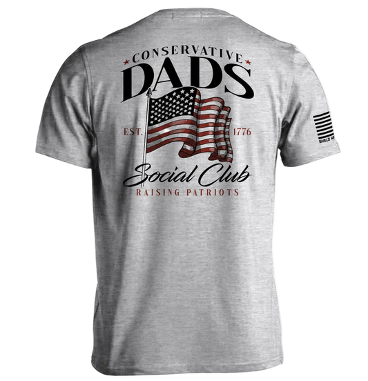 Conservative Dads Social Club T-Shirt with American flag design, patriotic tee for freedom-loving dads.