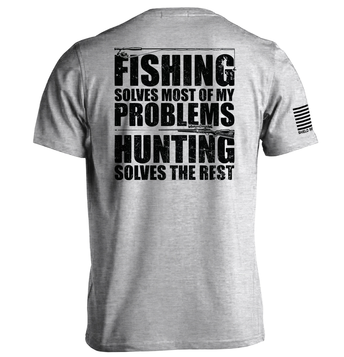 Fishing Solves Most Of My Problems Shirt with block lettering and hunting imagery, perfect for outdoor enthusiasts seeking peace and clarity.