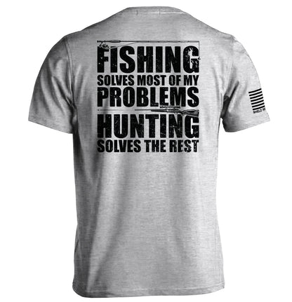 Fishing Solves Most Of My Problems Shirt with block lettering and hunting imagery, perfect for outdoor enthusiasts seeking peace and clarity.