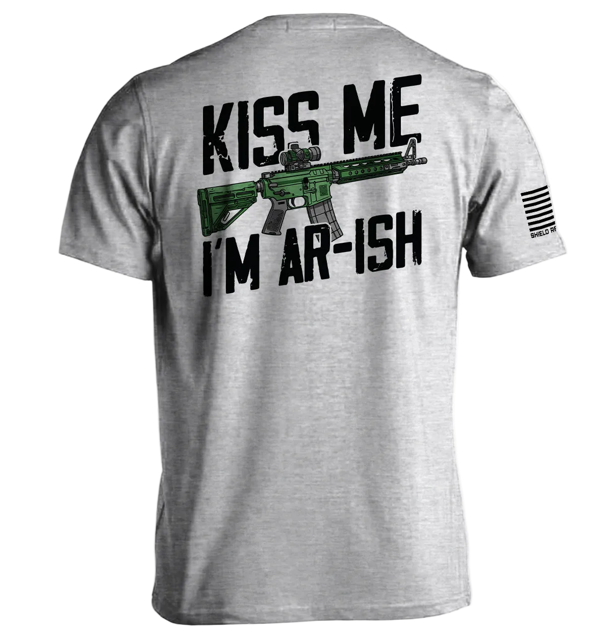 Gray t-shirt with graphic design and text on the back, displayed against a white background.