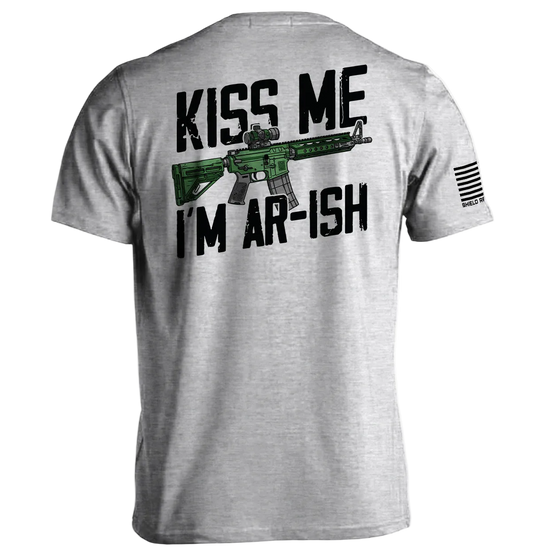 Gray t-shirt with graphic design and text on the back, displayed against a white background.