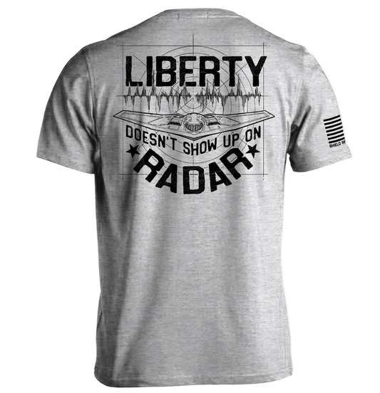 Gray t-shirt with 'Liberty Doesn't Show Up on Radar' text and graphic on the back, on a white background.