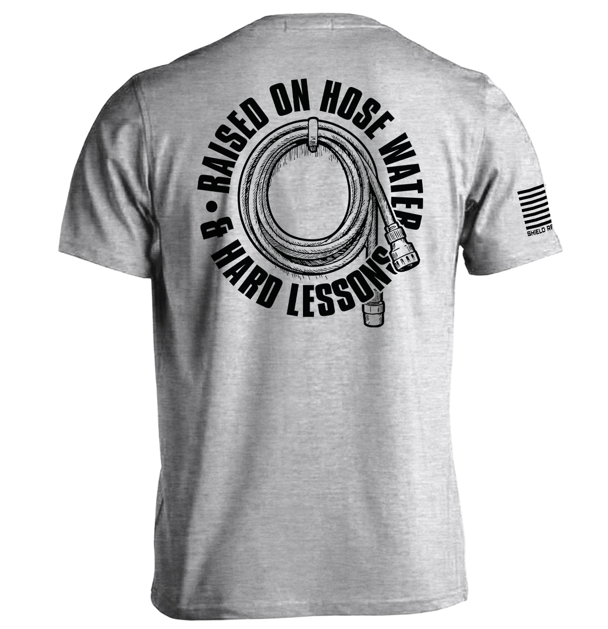 Back view of Raised On Hose Water & Hard Lessons Shirt with hose design, symbolizing blue collar nostalgia.