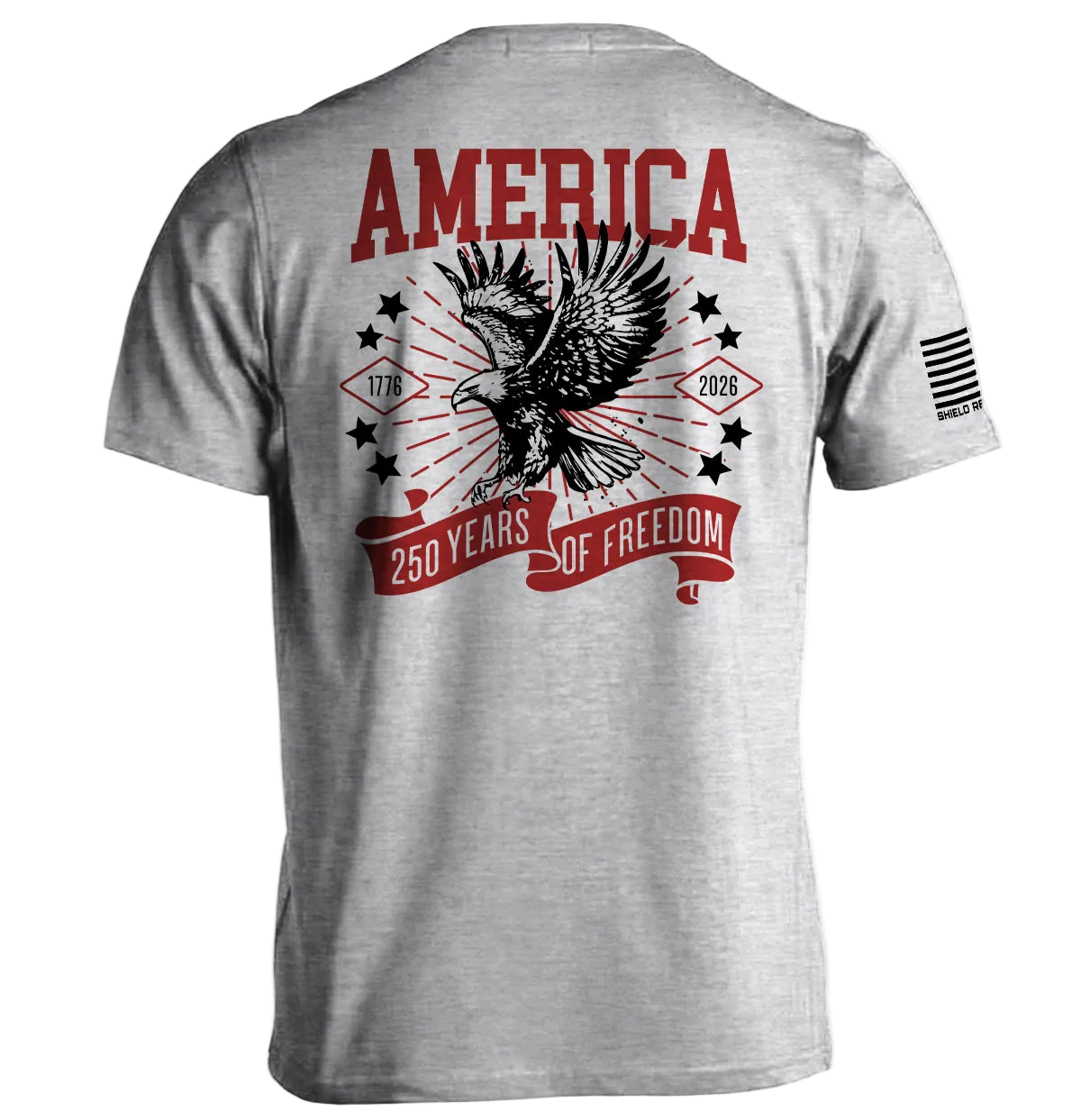 America 250 Years of Freedom Shirt featuring eagle design, 1776-2026 anniversary print on a gray tee, celebrating a historic milestone.