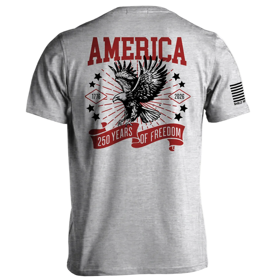 America 250 Years of Freedom Shirt featuring eagle design, 1776-2026 anniversary print on a gray tee, celebrating a historic milestone.