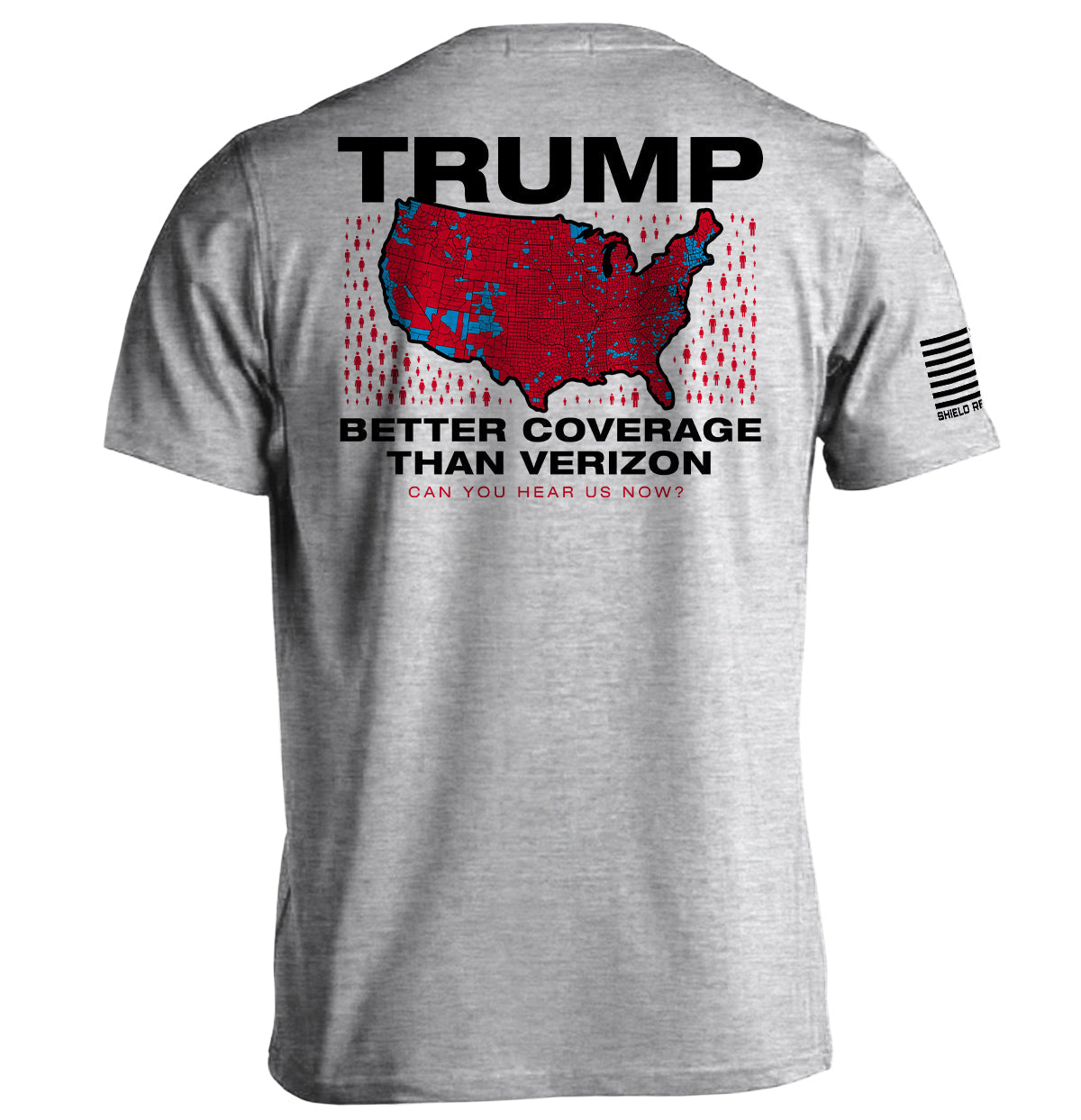 Trump Better Coverage Than Verizon T-Shirt with map graphic, bold political humor design, short sleeve gray tee with funny statement.