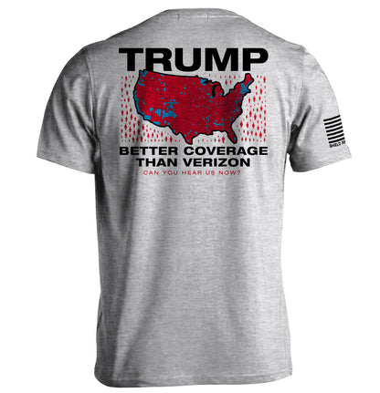 Trump Better Coverage Than Verizon T-Shirt with map graphic, bold political humor design, short sleeve gray tee with funny statement.