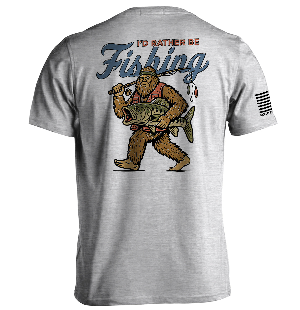 I’d Rather Be Fishing Bigfoot Shirt featuring Bigfoot with a fishing rod and catch, humorous graphic tee for anglers.
