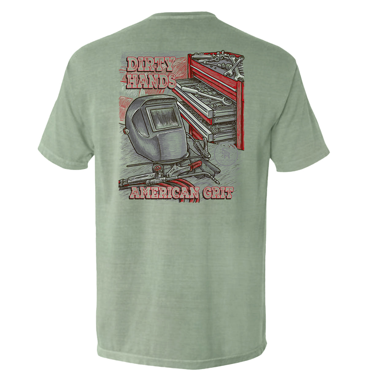 Dirty Hands American Grit Blue Collar Pocket Tee with shop tools graphic on back