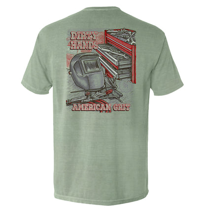 Dirty Hands American Grit Blue Collar Pocket Tee with shop tools graphic on back