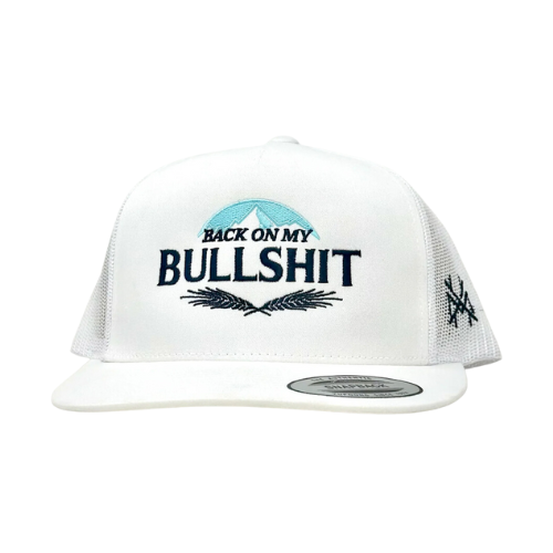 White "Back on My Bullshit Hat" funny trucker hat with confident design.