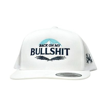 White "Back on My Bullshit Hat" funny trucker hat with confident design.