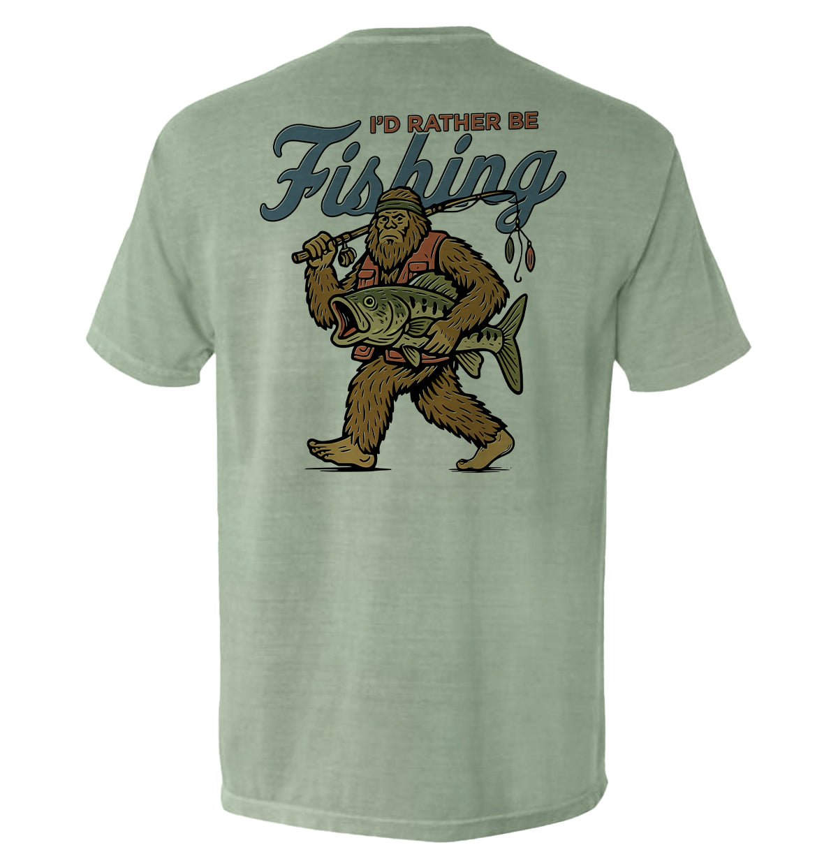 I’d Rather Be Fishing Bigfoot Shirt with humorous fishing and Bigfoot design on tee.